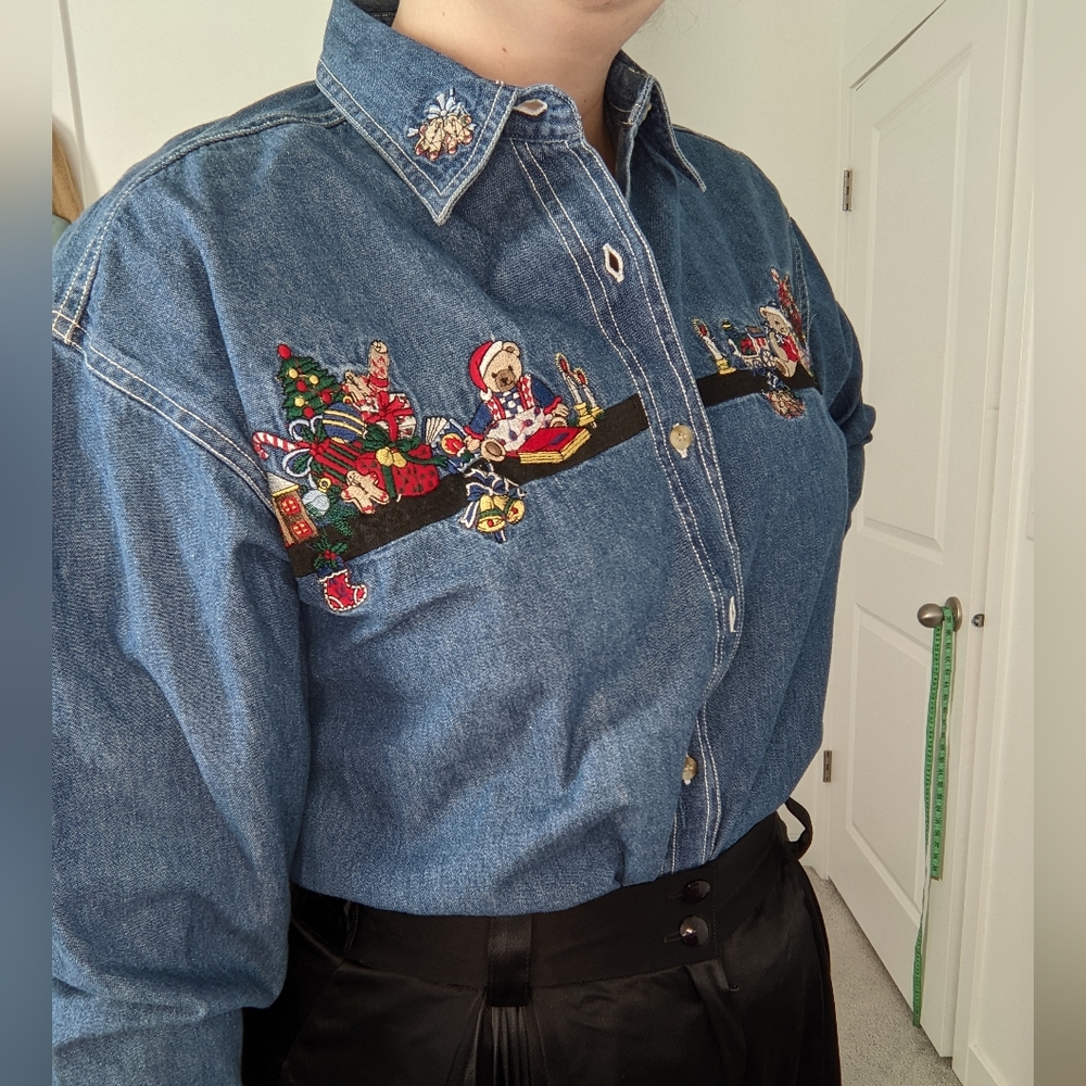Vintage Christmas Embroidered Denim Shirt
